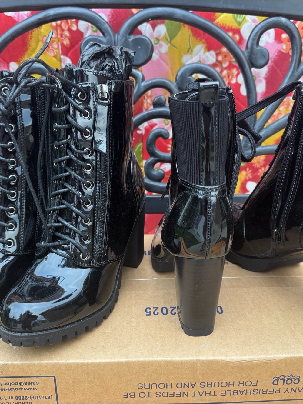 Black Patent Lace-Up Chunky Heel Boots for Women